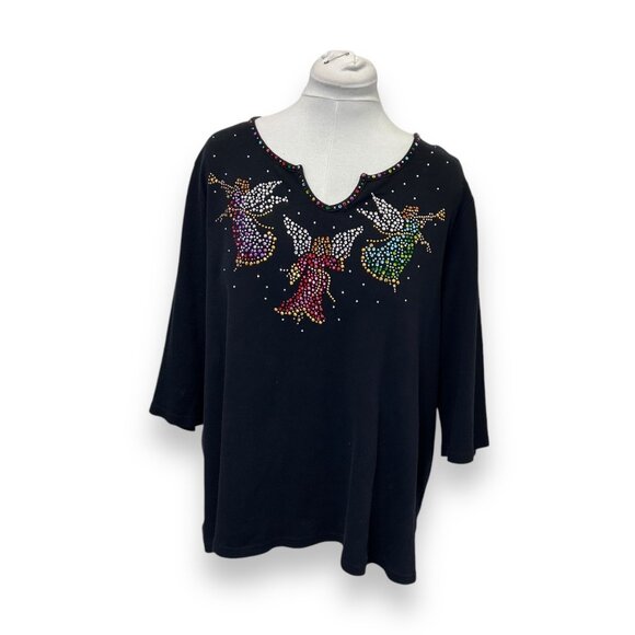 Quacker Factory Womens Angel Studded 3/4 Sleeve Top Cotton Holiday Shirt Blck 2X - Picture 2 of 10